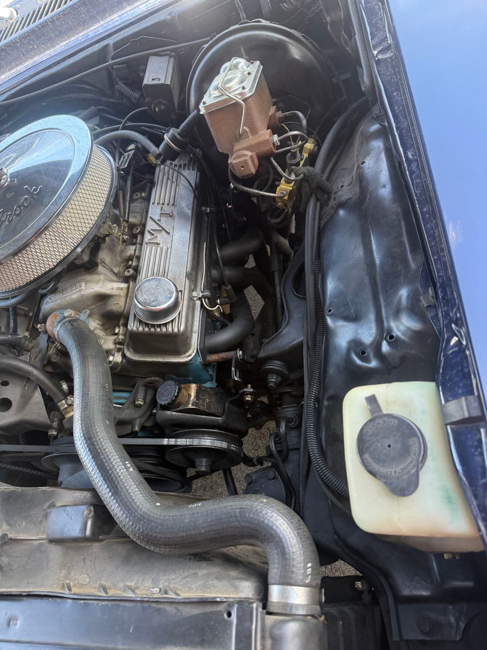 Engine compartment close-up showing various components, including carburetor and hoses.